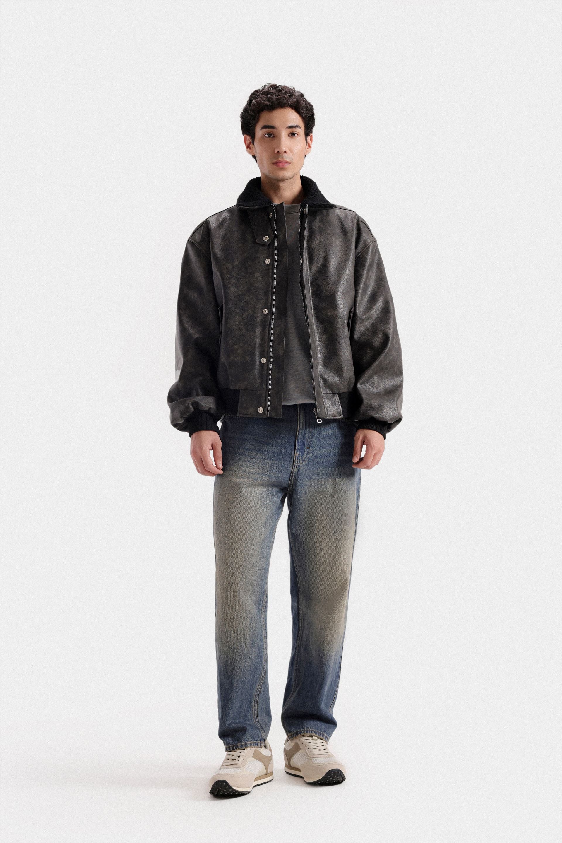 Lararium Washed-Out Faux Leather Jacket – Relaxed Fit
