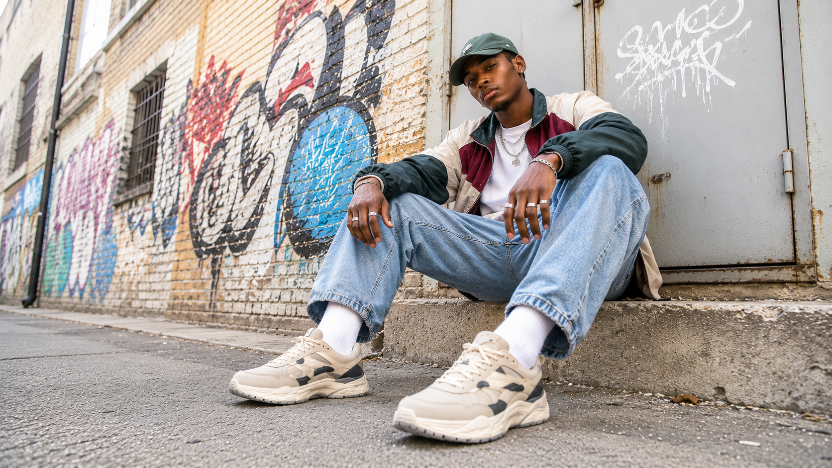 A man sits on a concrete curb in front of a graffiti-covered brick wall, wearing a green cap, a maroon and dark green jacket over a white shirt, light blue jeans, and beige New Balance sneakers.